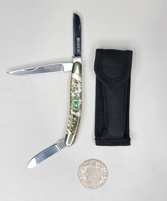 ZEUS 9cm POCKET KNIFE MOTHER OF PEARL INLAY HANDLE WITH POUCH